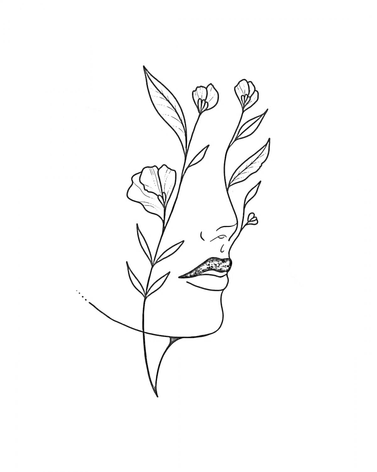 На раскраске изображено: Лицо, Цветы, Листья, Минимализм, Природа