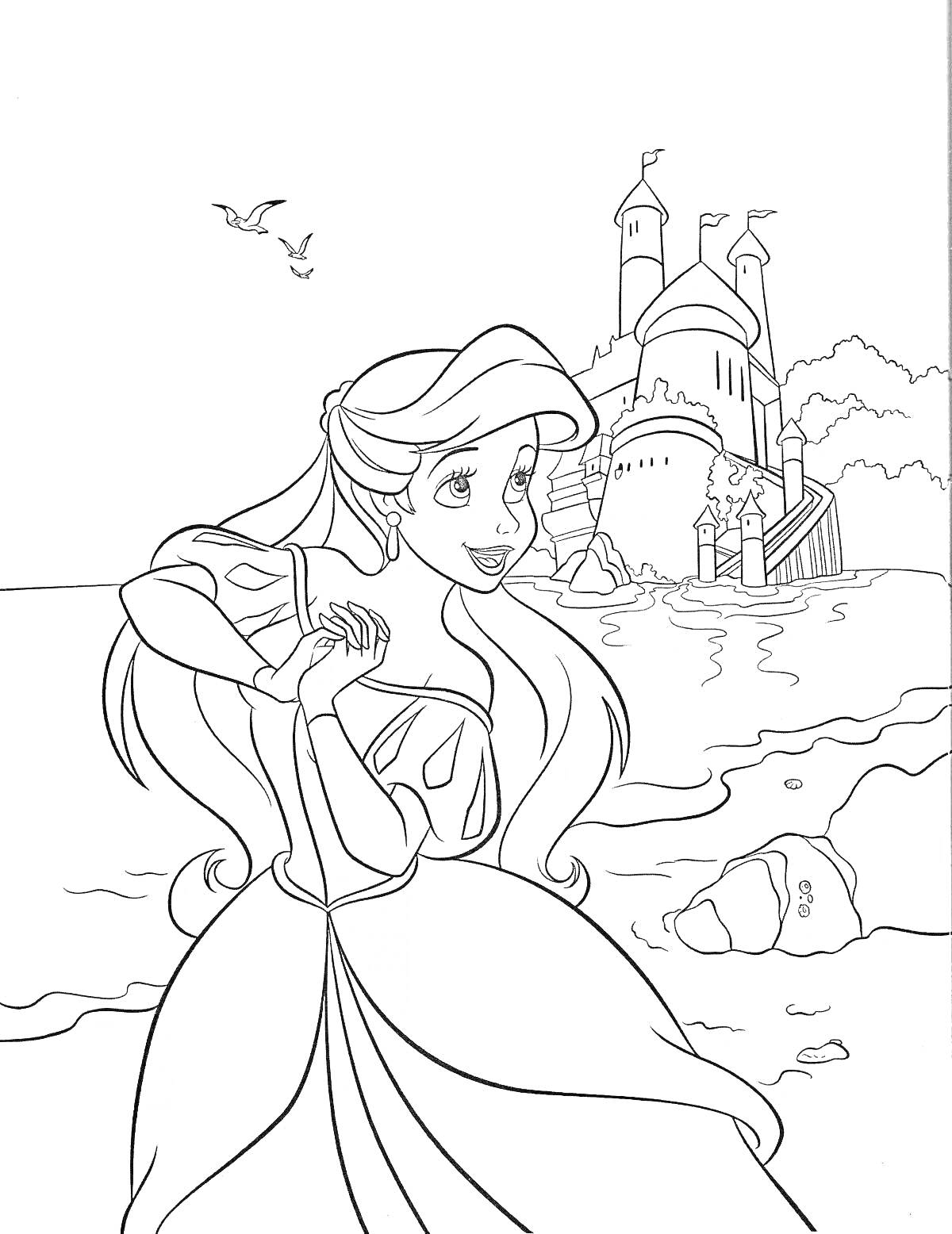 На раскраске изображено: Принцесса, Ариэль, Русалка, Берег, Замок, Море, Скалы