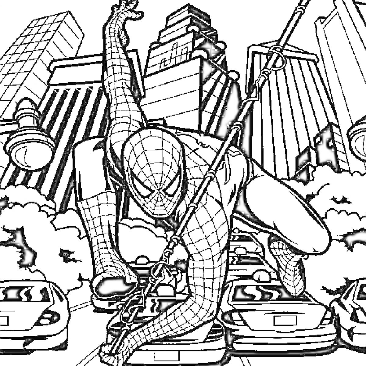 Раскраска Человек-Паук, раскачивающийся на паутине в центре города, на фоне небоскрёбов и городского движения с машинами