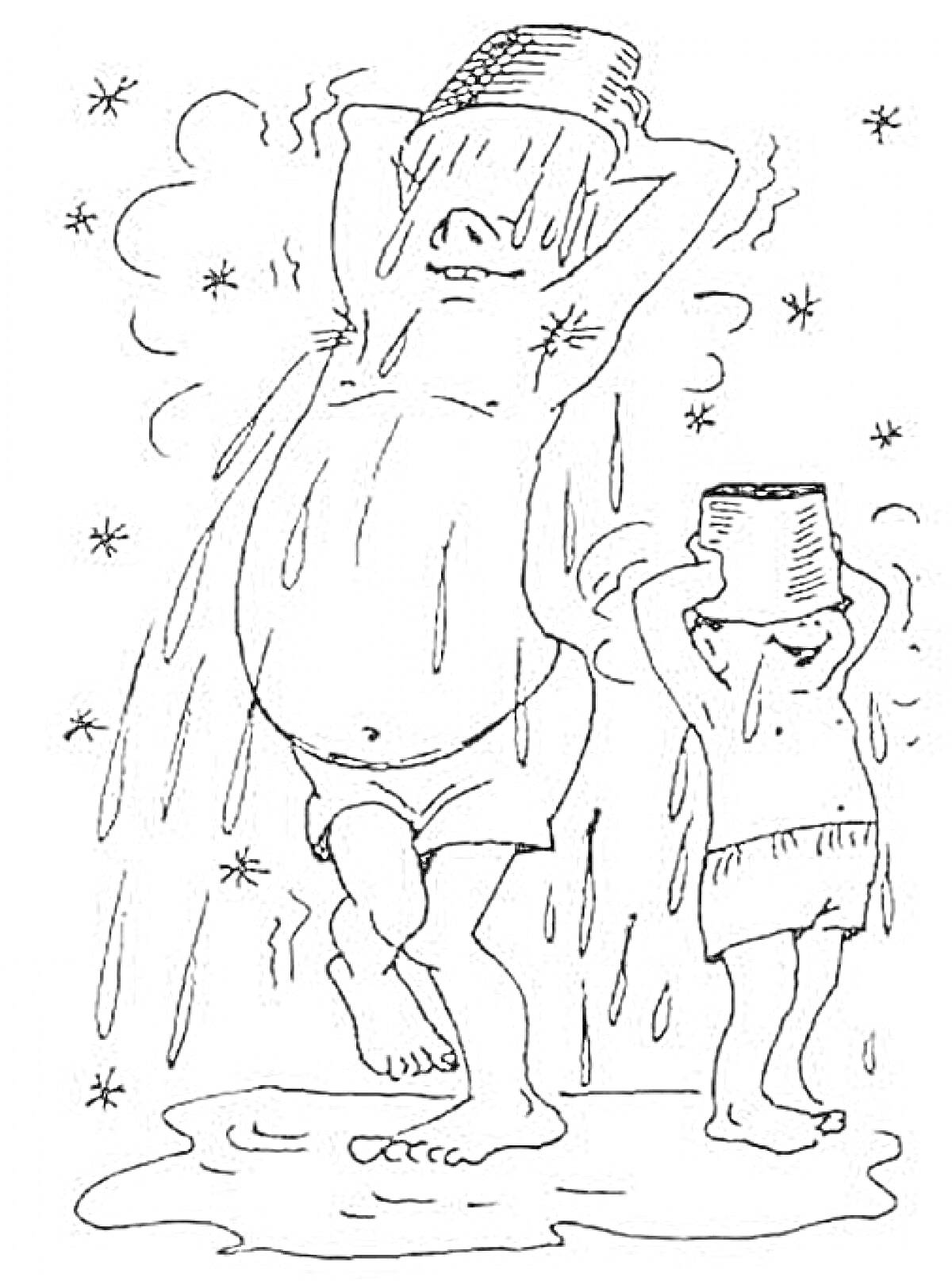 Раскраска Два человека в трусах стоят под струёй воды из ведер