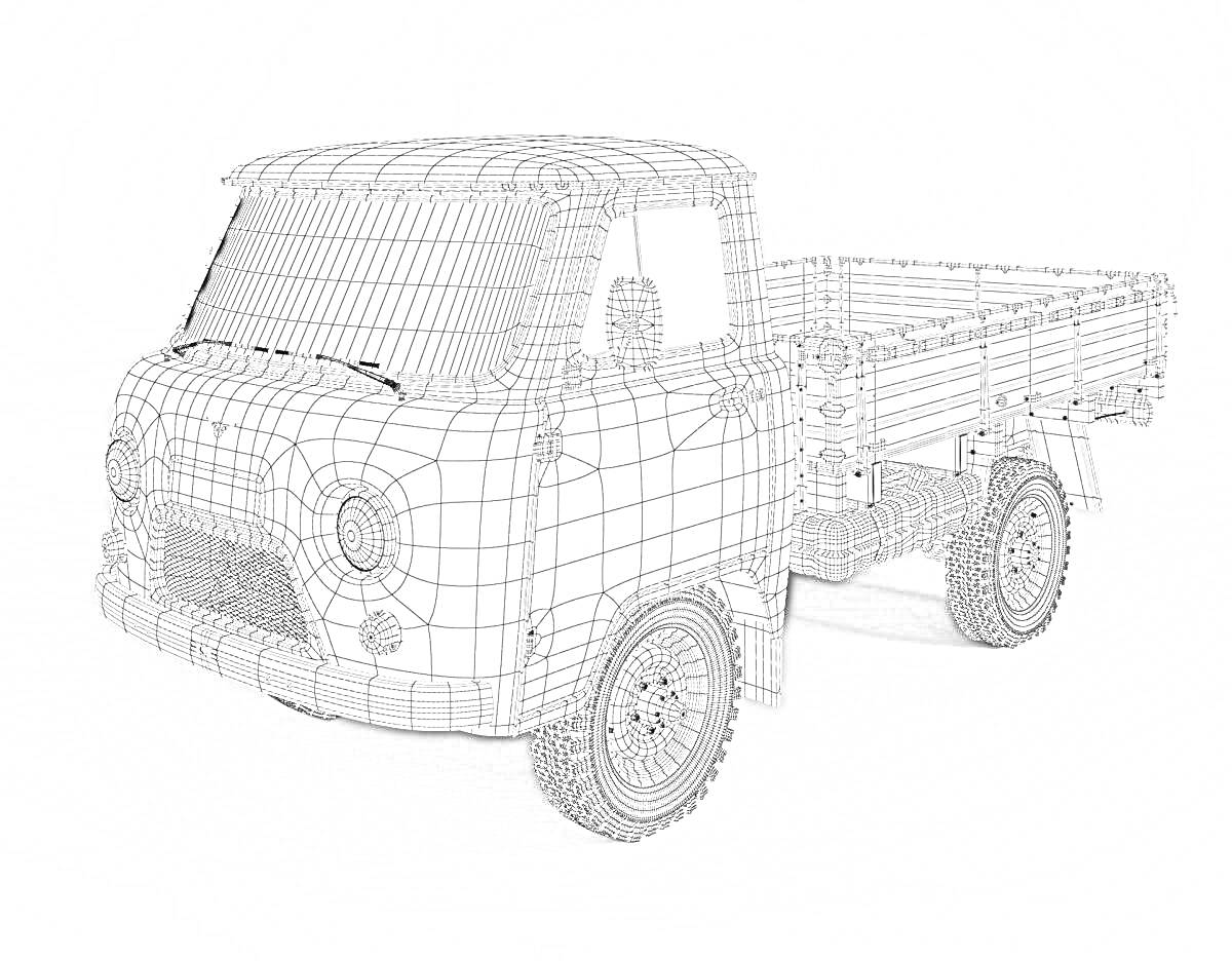 На раскраске изображено: УАЗ 3303, Транспорт, Колёса, Кузов, Линии, Модель, Грузовая машина