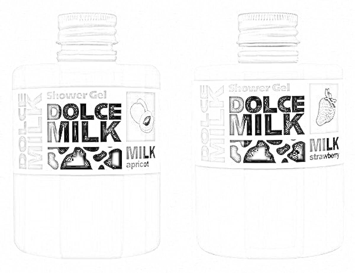 На раскраске изображено: Гель для душа, Dolce Milk, Абрикос, Клубника, Флаконы, Молоко