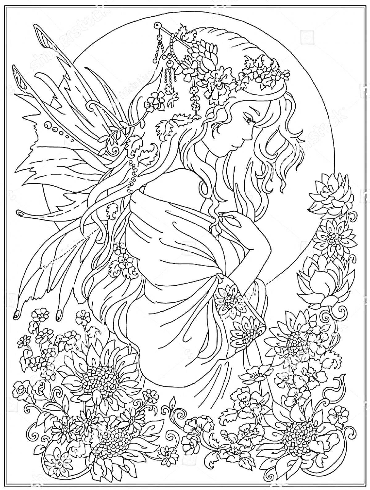 Раскраска Фея с цветочным венком и крыльями среди цветов