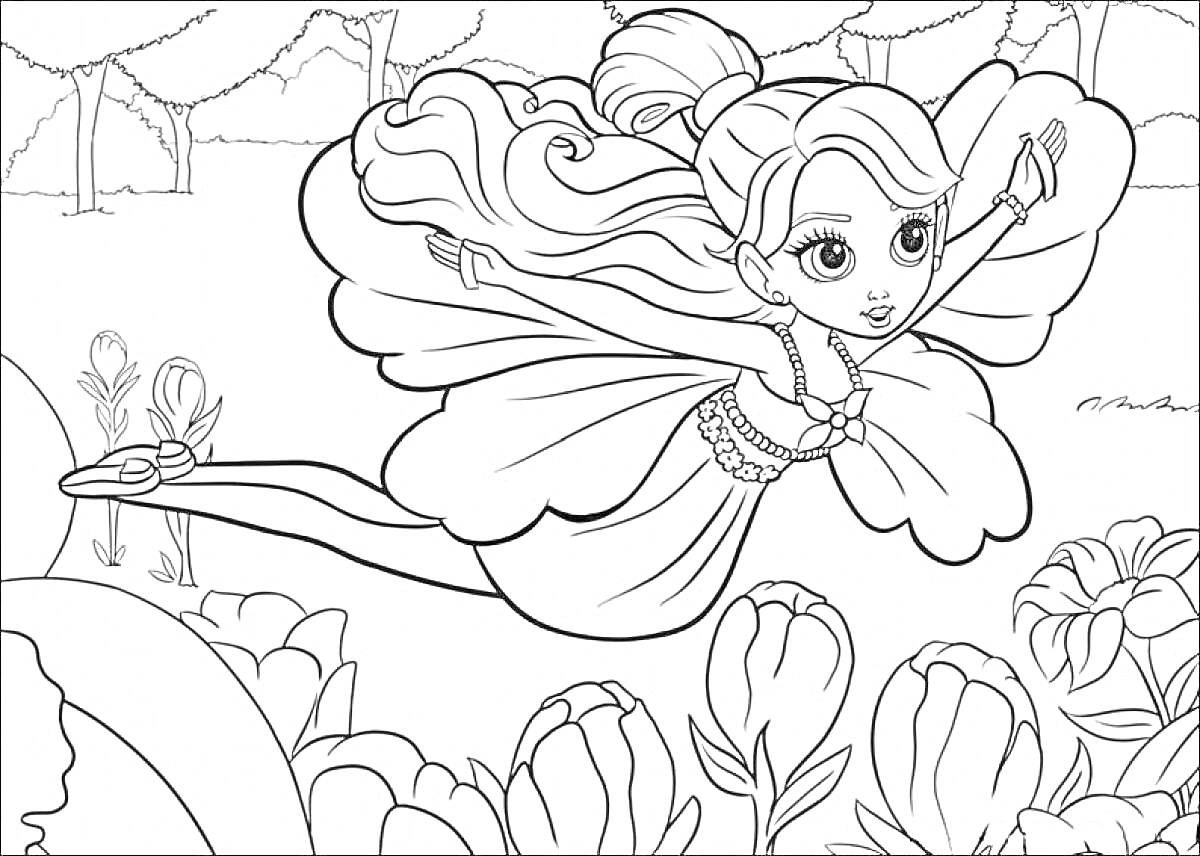 Раскраска Фея девушка с крыльями среди цветов и леса