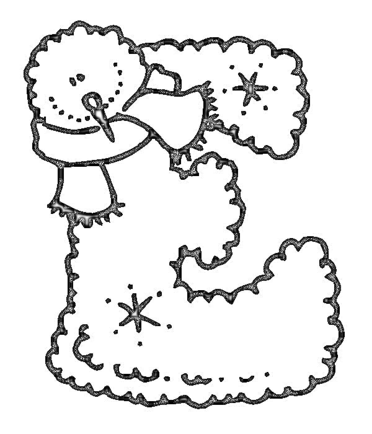 На раскраске изображено: Буква Ё, Снеговик, Снежинки, Зимний декор