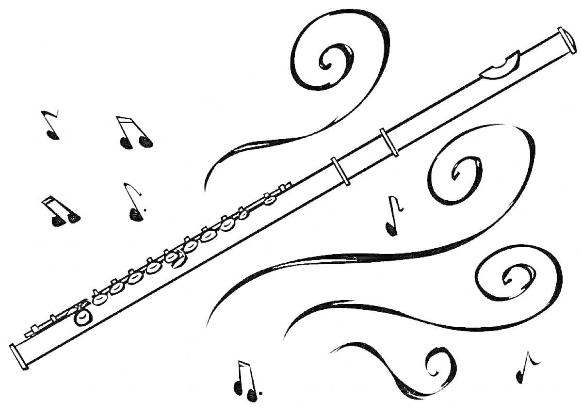 Раскраска Флейта с нотами и музыкальными завитками