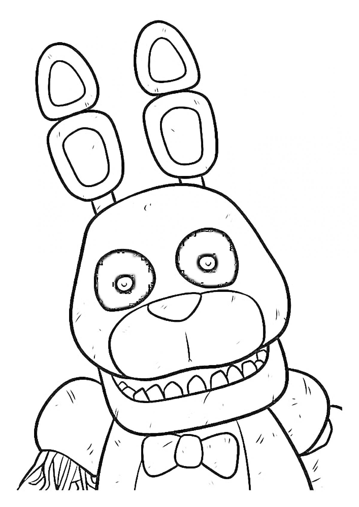 Раскраска Аниматроник-кролик с большими черными глазами, бантом и ушами