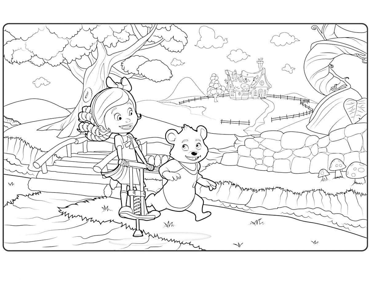 Девочка и медвежонок на прогулке по тропинке рядом с деревом и домом