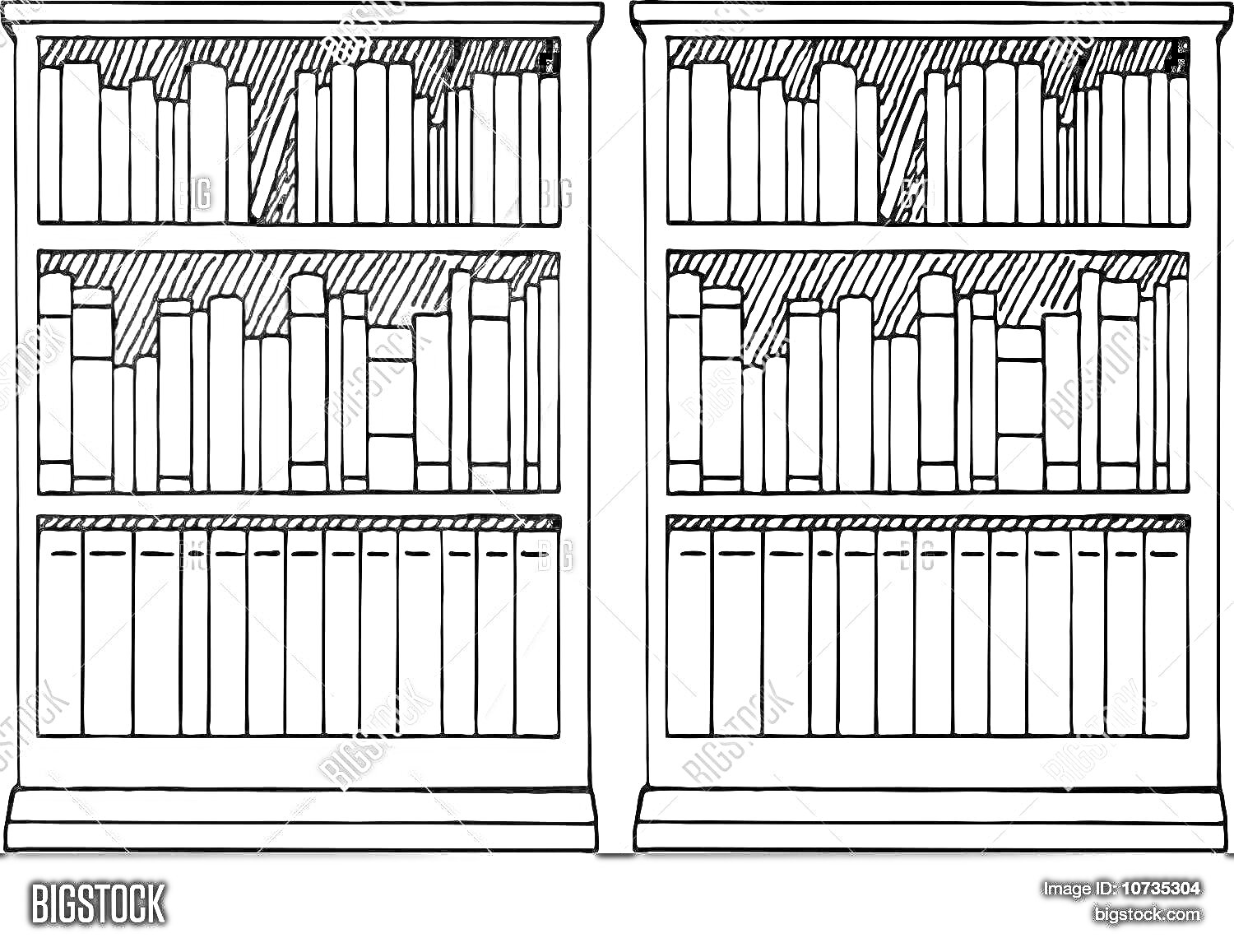 На раскраске изображено: Книжный шкаф, Полки, Мебель, Контурные рисунки