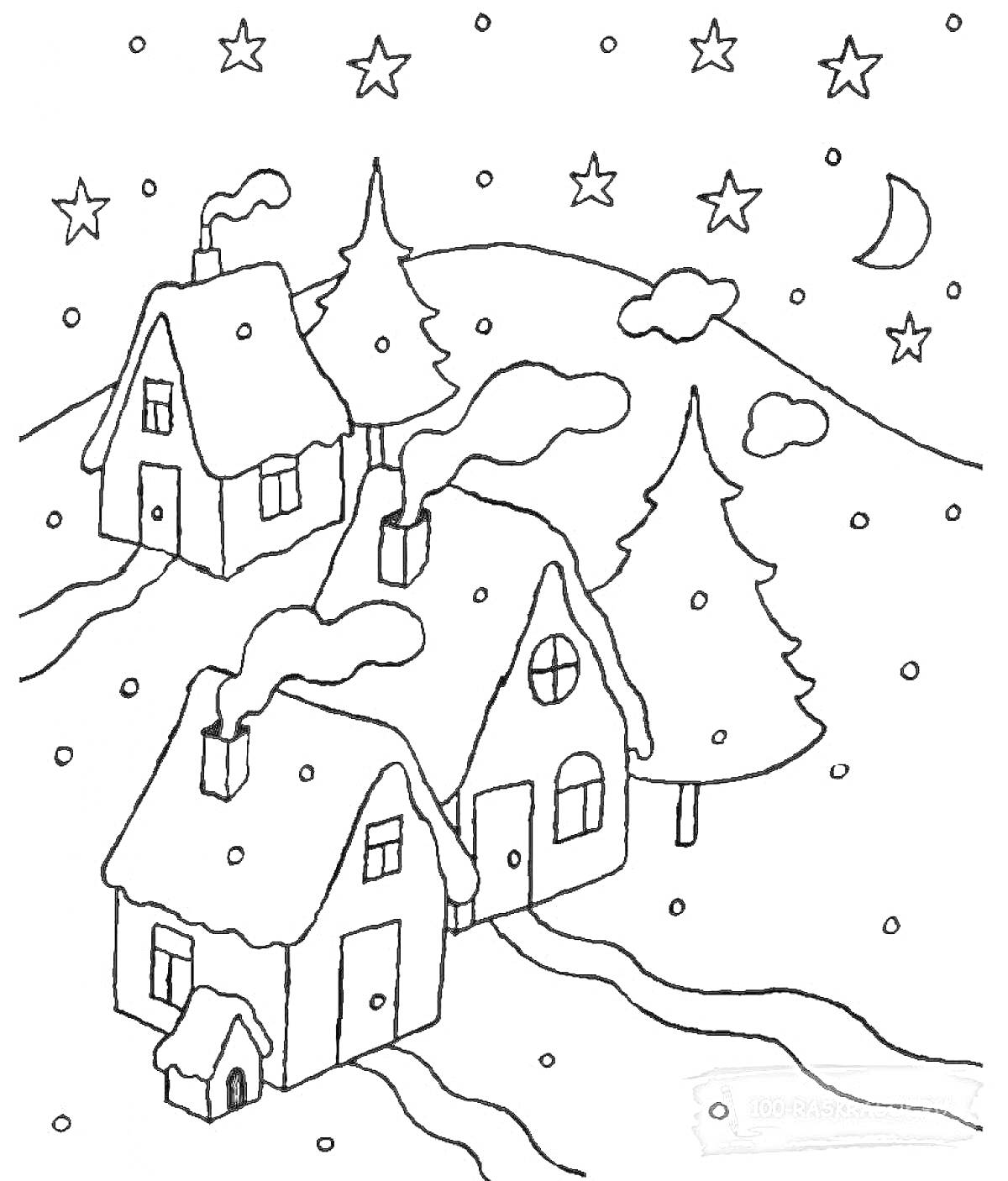 Раскраска Снежный домик, деревья, звездное небо и луна