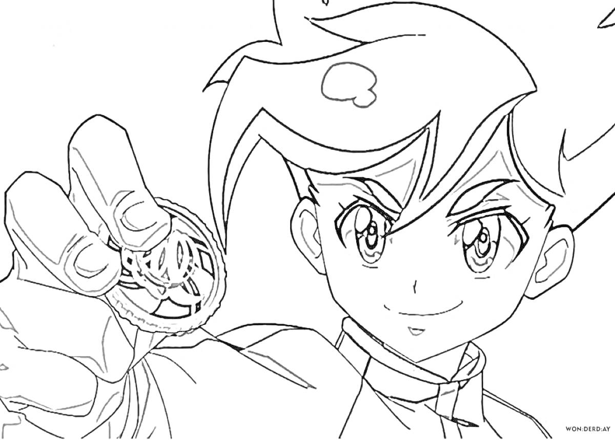 Раскраска Мальчик с прической в стиле аниме держит спиннер Скричер в руке