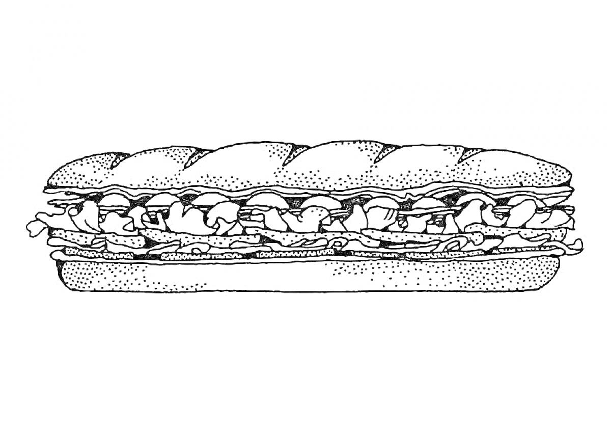 На раскраске изображено: Сэндвич, Батон, Хлеб, Салат, Мясо, Сыр, Еда