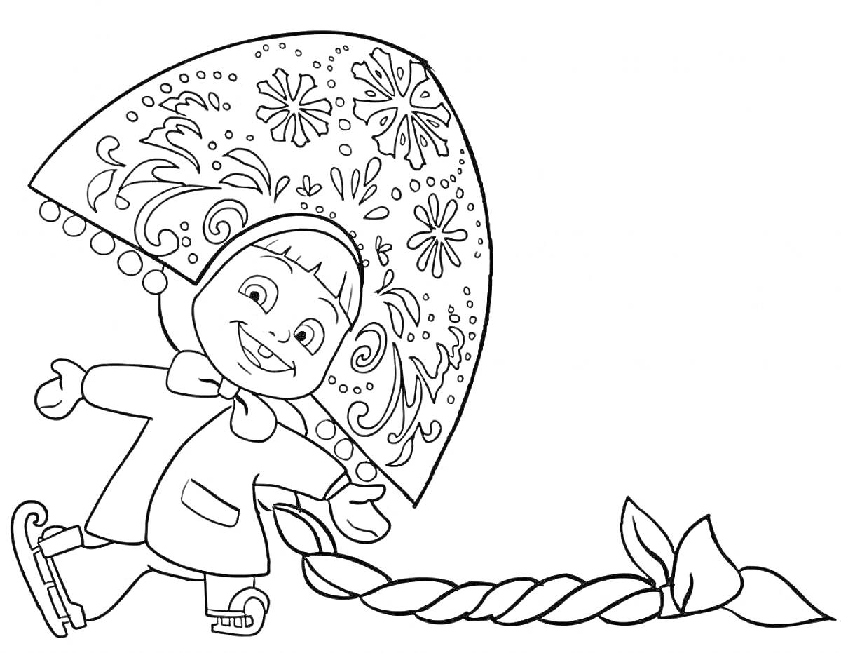 Раскраска девочка на коньках в кокошнике и с косой