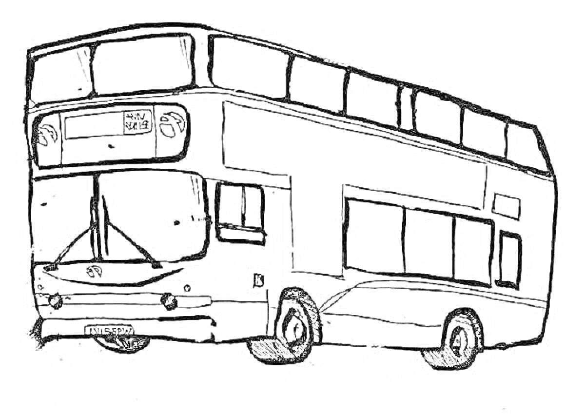 Раскраска Двухэтажный электробус с окнами и передними фарами