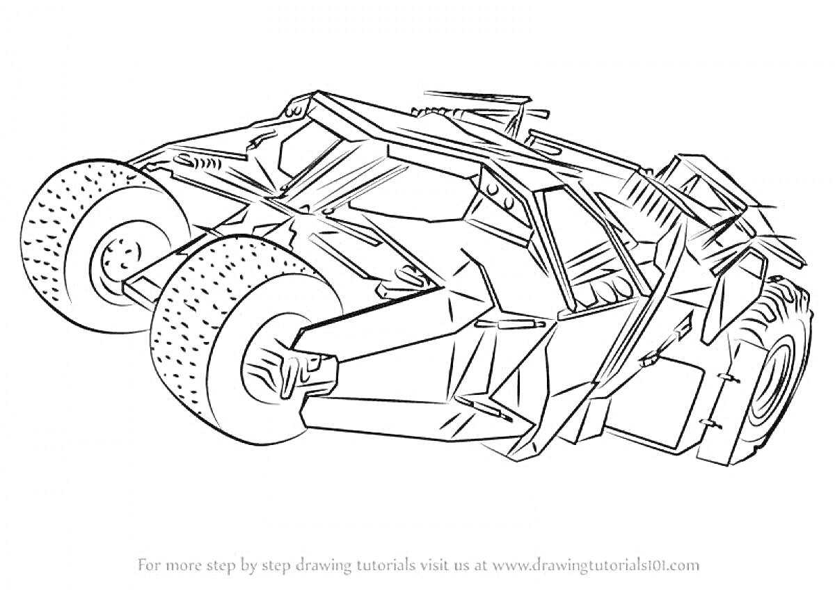 Раскраска Машина Бэтмена в виде раскраски с большими задними колесами и детализацией брони