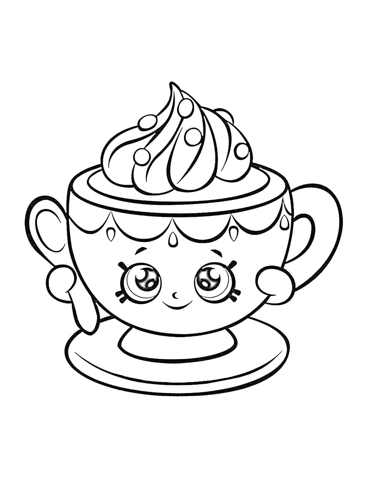 Раскраска Чашка с какао и взбитыми сливками с милым лицом на блюдце