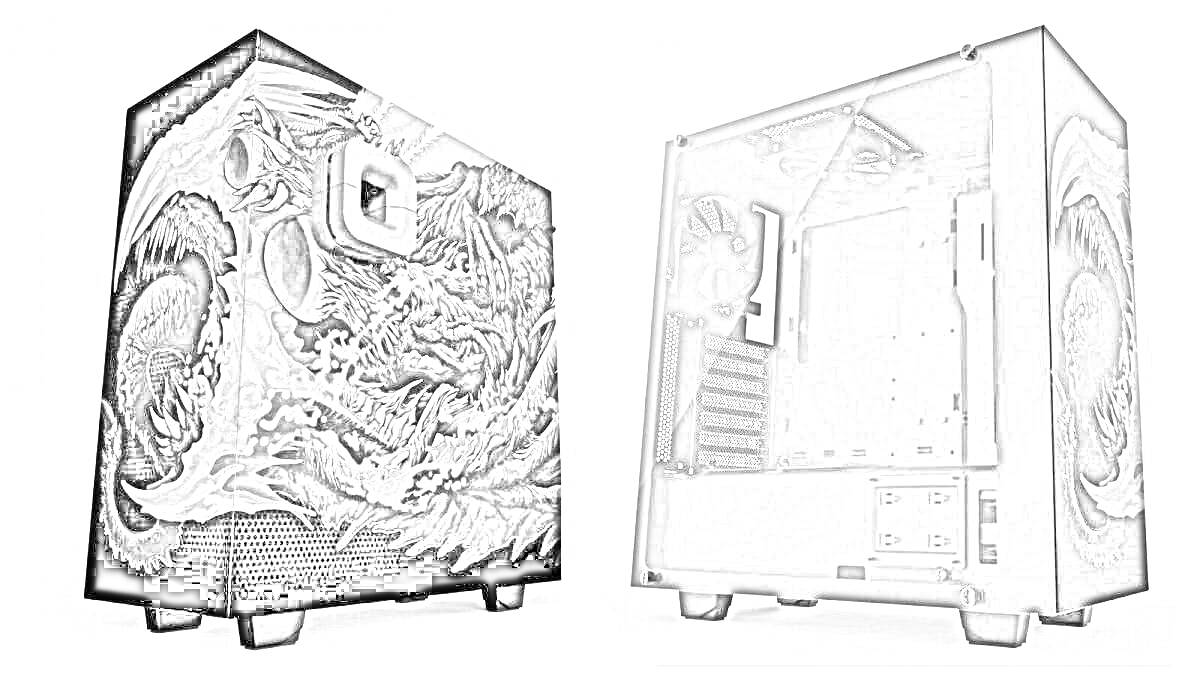 Корпус ПК с художественным принтом, вид сбоку с драконьим дизайном и видом с открытой боковой панелью