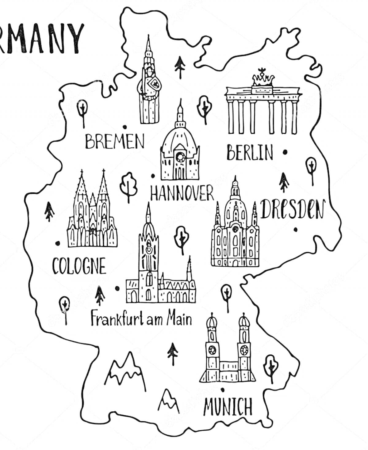 Раскраска Карта Германии с главными достопримечательностями: Бремен (городская ратуша), Берлин (Бранденбургские ворота), Ганновер (рыночная церковь), Дрезден (Фрауэнкирхе), Кёльн (Кёльнский собор), Франкфурт-на-Майне (собор Святого Варфоломея), Мюнхен (Фрауэнкирхе)