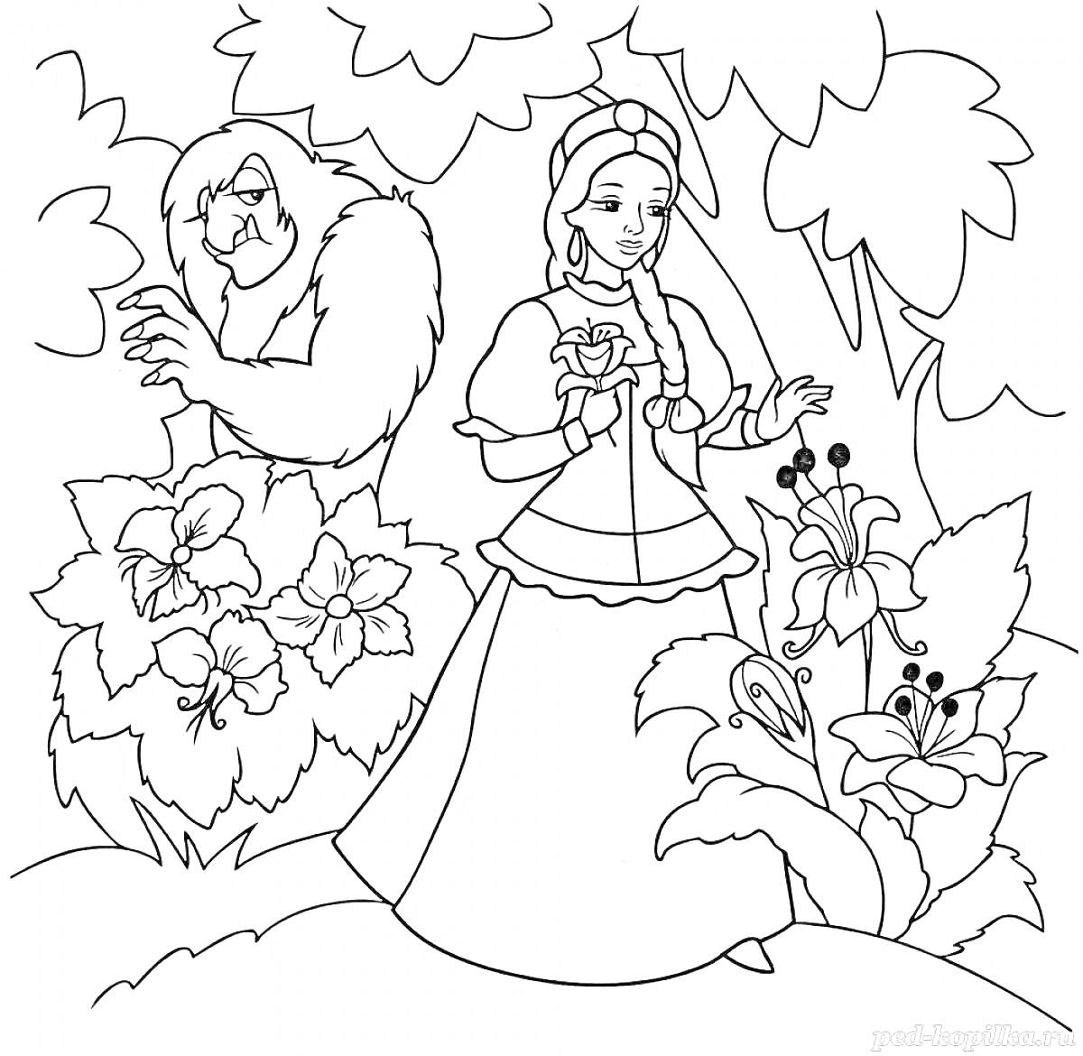 На раскраске изображено: Аленький цветочек, Чудовище, Кусты, Деревья, Цветы, Лес