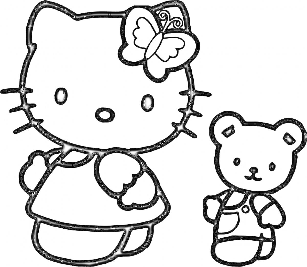 Раскраска Hello Kitty с бабочкой на голове в платье и медвежонок в комбинезоне