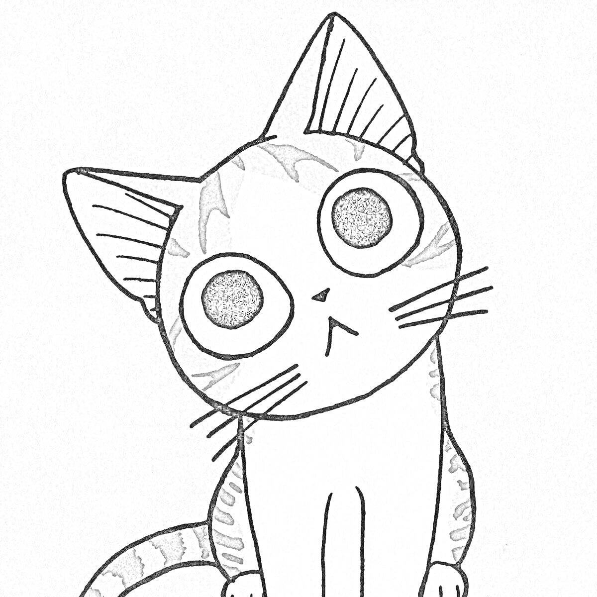 На раскраске изображено: Аниме, Большие глаза, Наклонённая голова, Полосатый кот