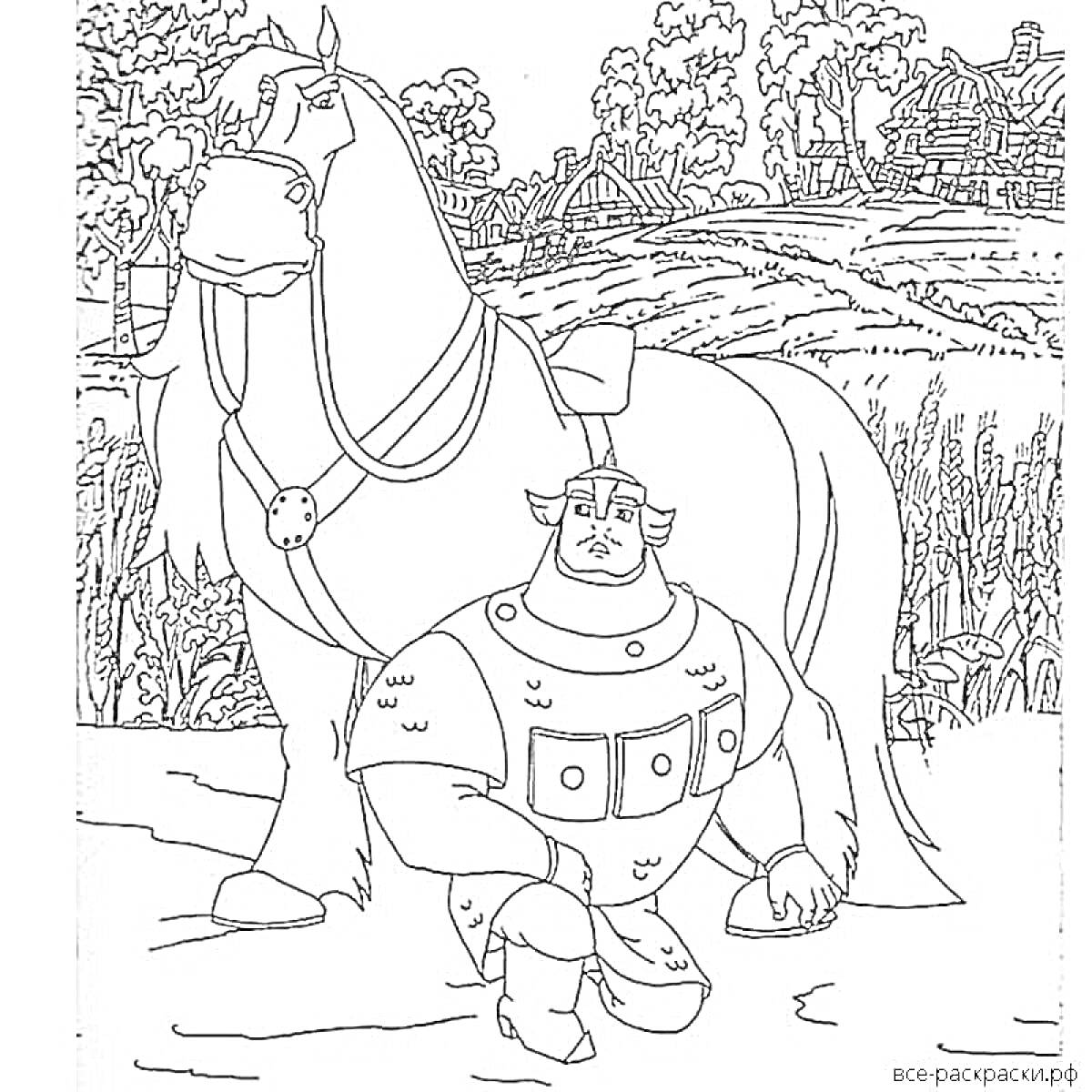 Раскраска Добрыня с конём на фоне деревенского пейзажа