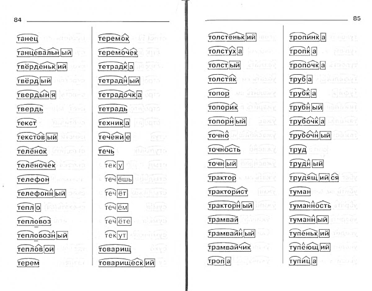 лист с разбором слов по составу из учебника, 2 страницы (84 и 85)
