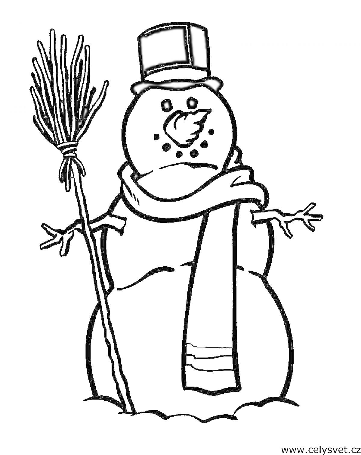 На раскраске изображено: Метла, Шляпа, Шарф, Снег, Зима