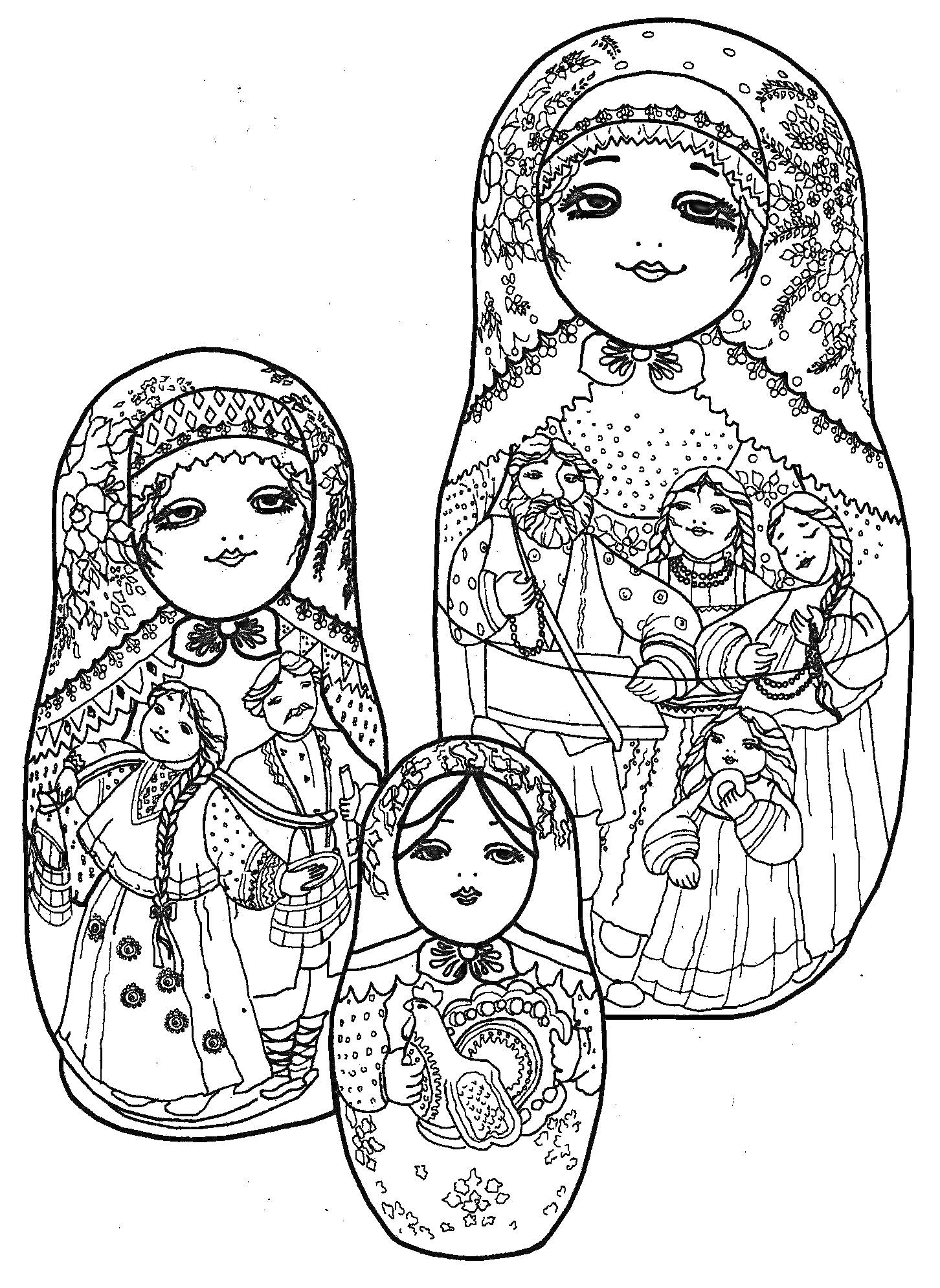 Раскраска Раскраска с тремя матрешками, изображающими традиционные русские народные костюмы и сцены.
