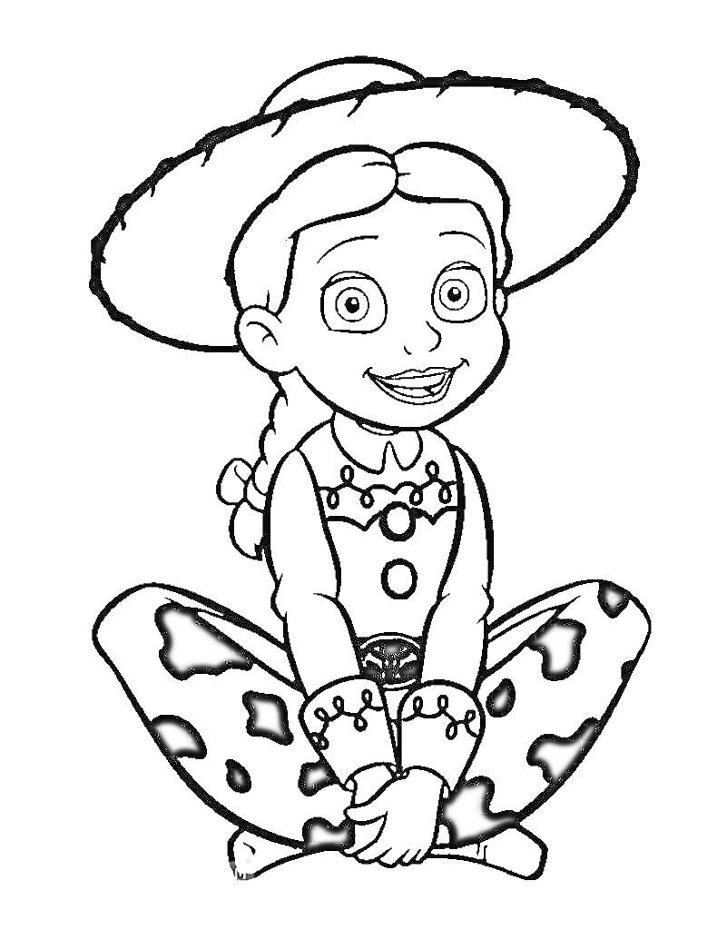 Раскраска Джесси в ковбойской шляпе и костюме, сидящая в позе лотоса