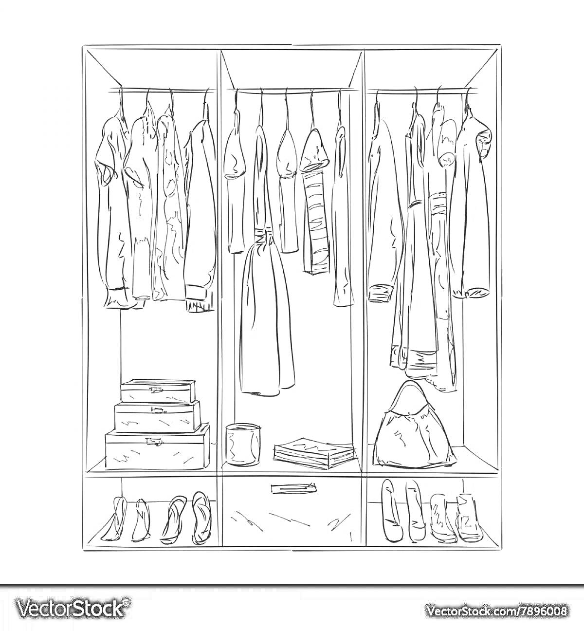 Раскраска Шкаф с одеждой, коробками, обувью и сумкой