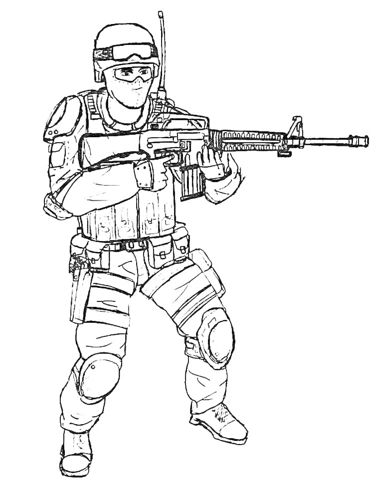 Раскраска Военнослужащий спецназа с автоматом в защитной экипировке