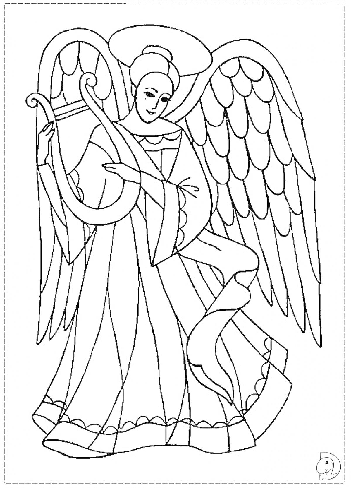 На раскраске изображено: Ангел, Арфа, Крылья, Нимб, Искусство, Музыкальный инструмент, Небесное существо