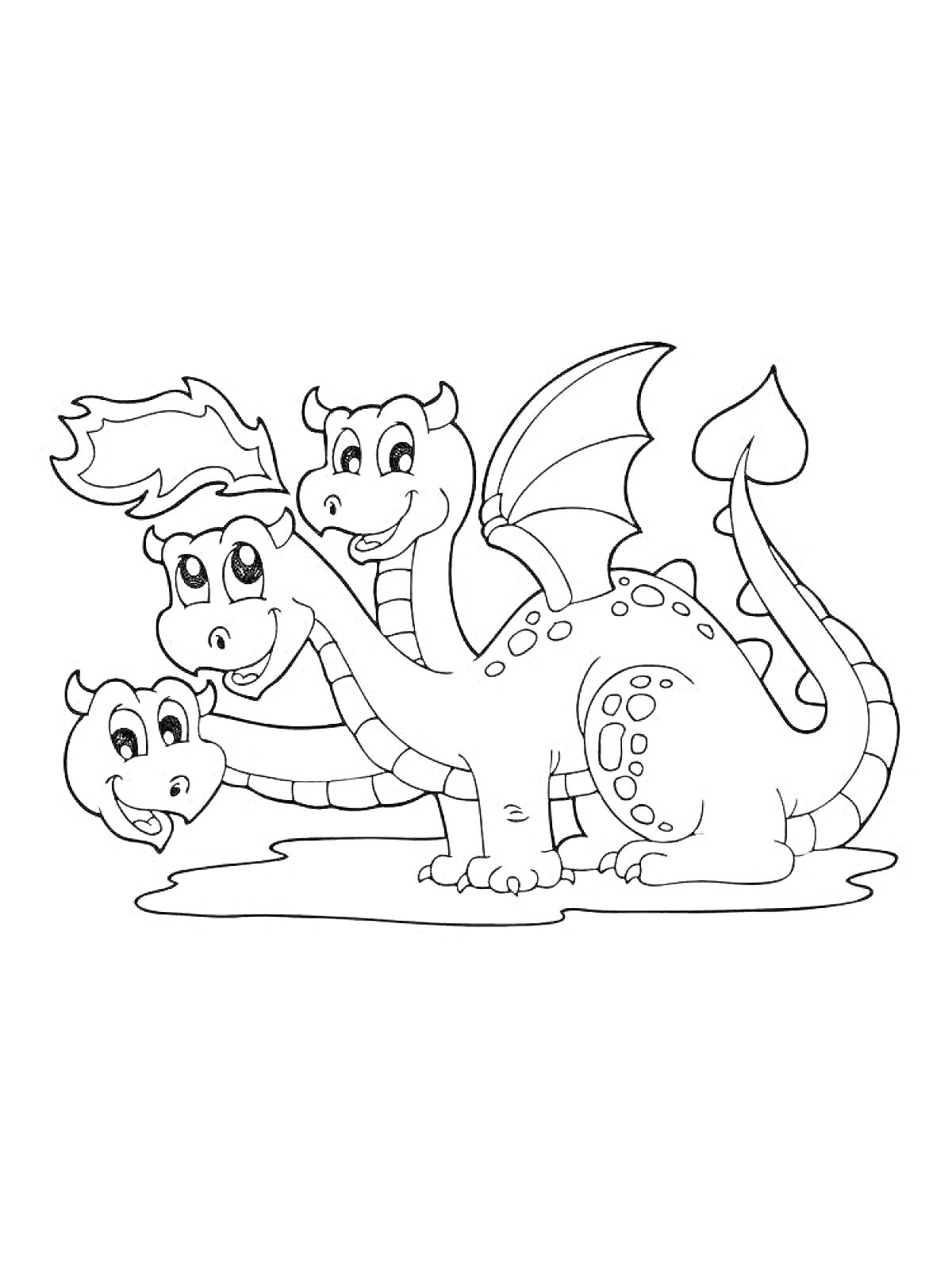 На раскраске изображено: Змей горыныч, Три головы, Крылья, Дракон, Русский фольклор, Творчество