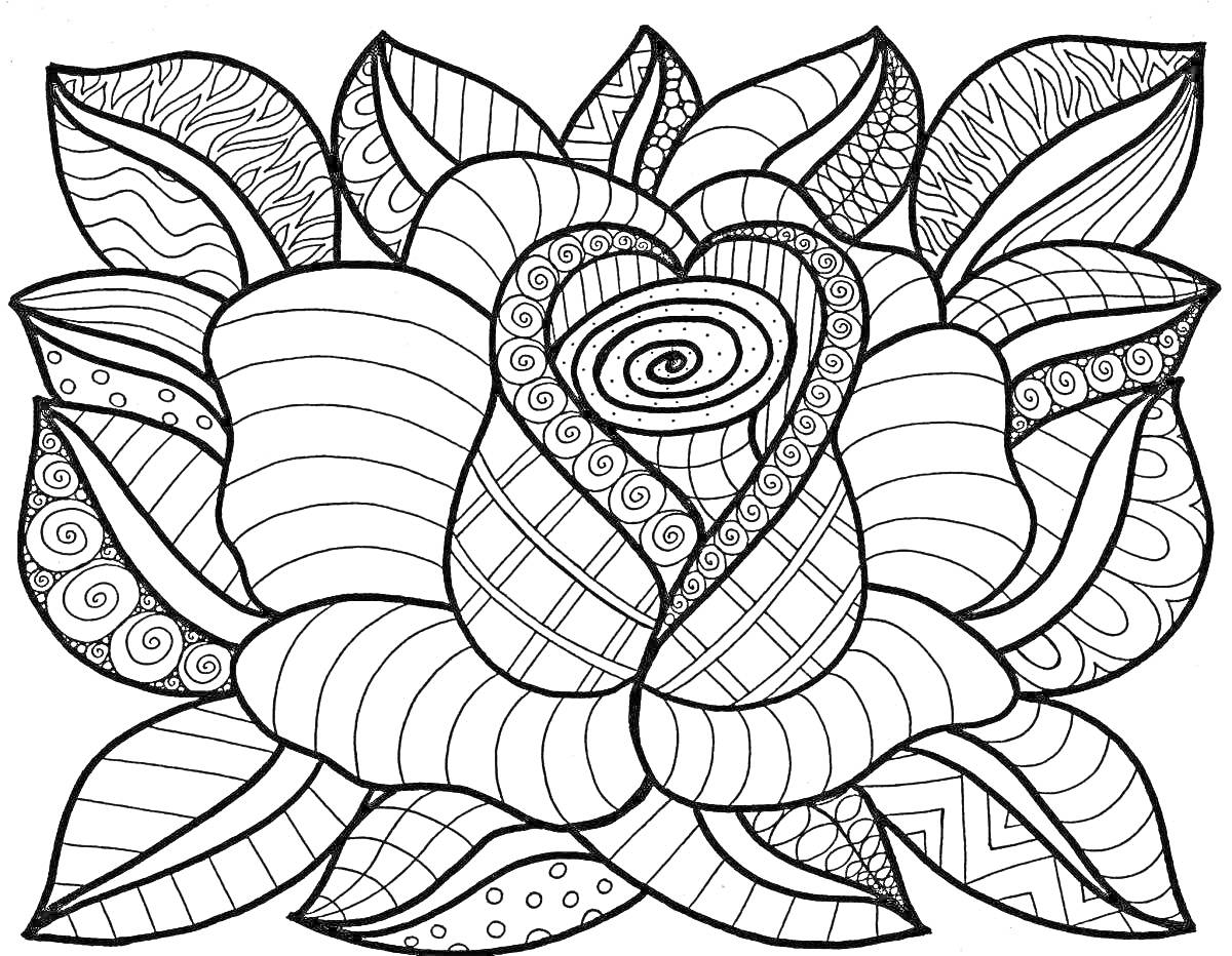 Раскраска Абстрактный цветок с узорами и листьями