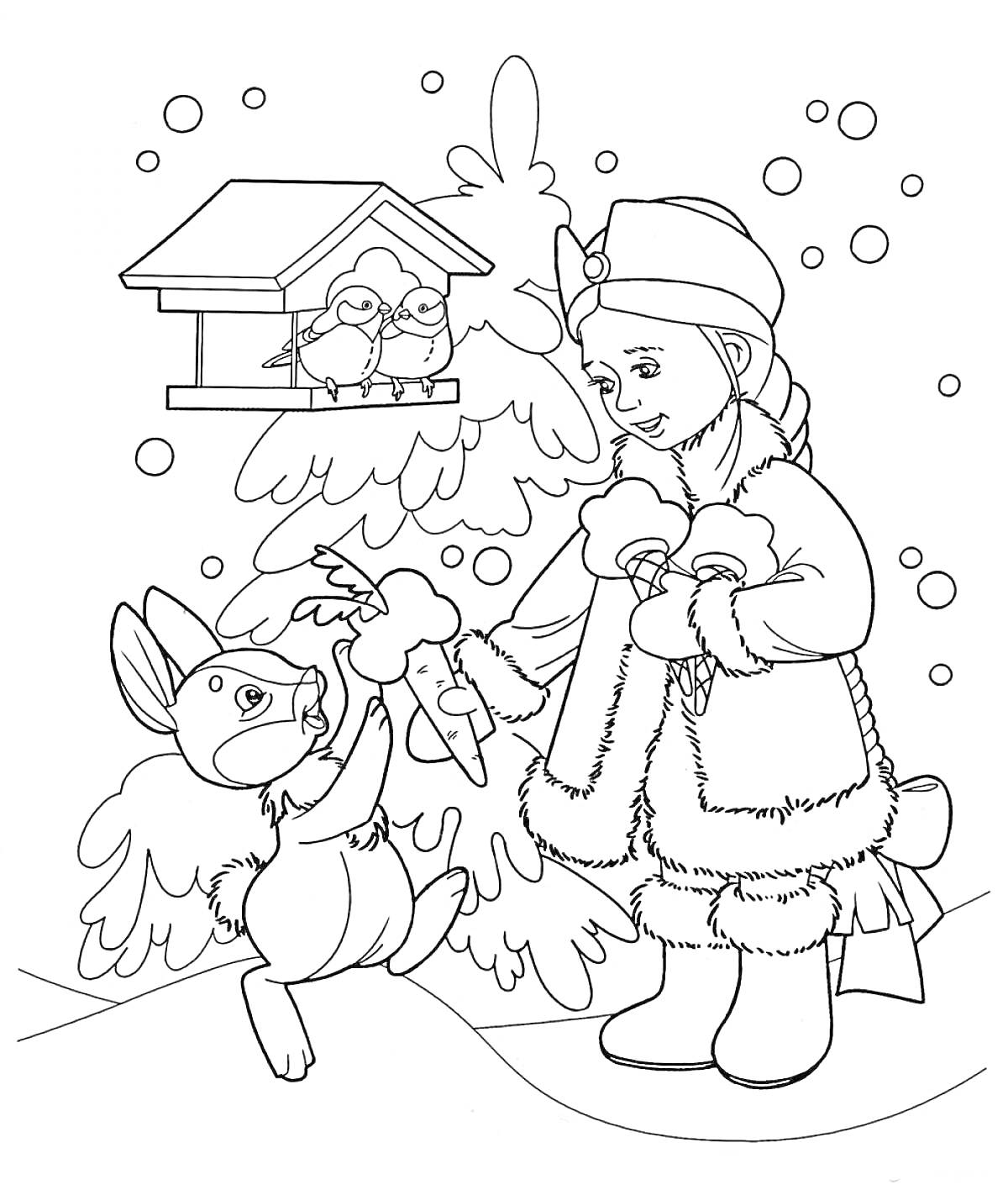 Раскраска Снегурочка с зайчиком у кормушки под ёлкой