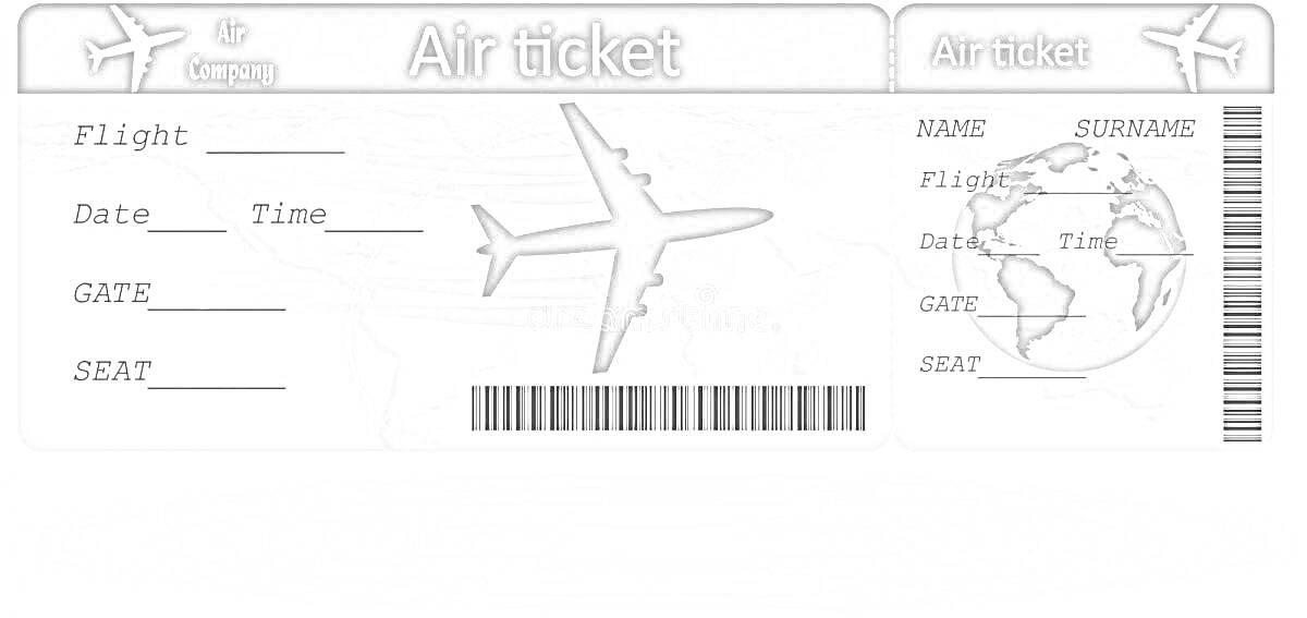 Раскраска Авиабилет с изображением самолета и глобуса, с местами для заполнения информации о рейсе, дате, времени и месте