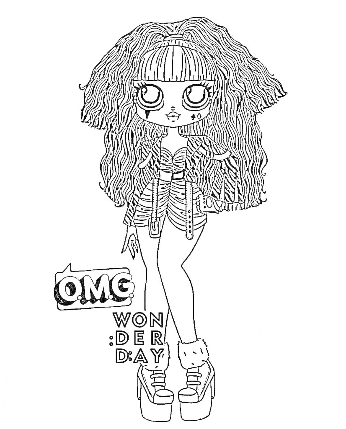 Девочка ЛОЛ OMG с длинными волосами, густой чёлкой, корсетом, ботильонами на платформе, надпись 