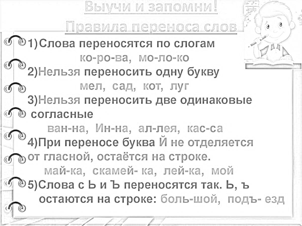 На раскраске изображено: Перенос слов, Буквы, Согласные, Гласные, Слоги, Примеры слов, Учебник, Грамматика, Русский язык