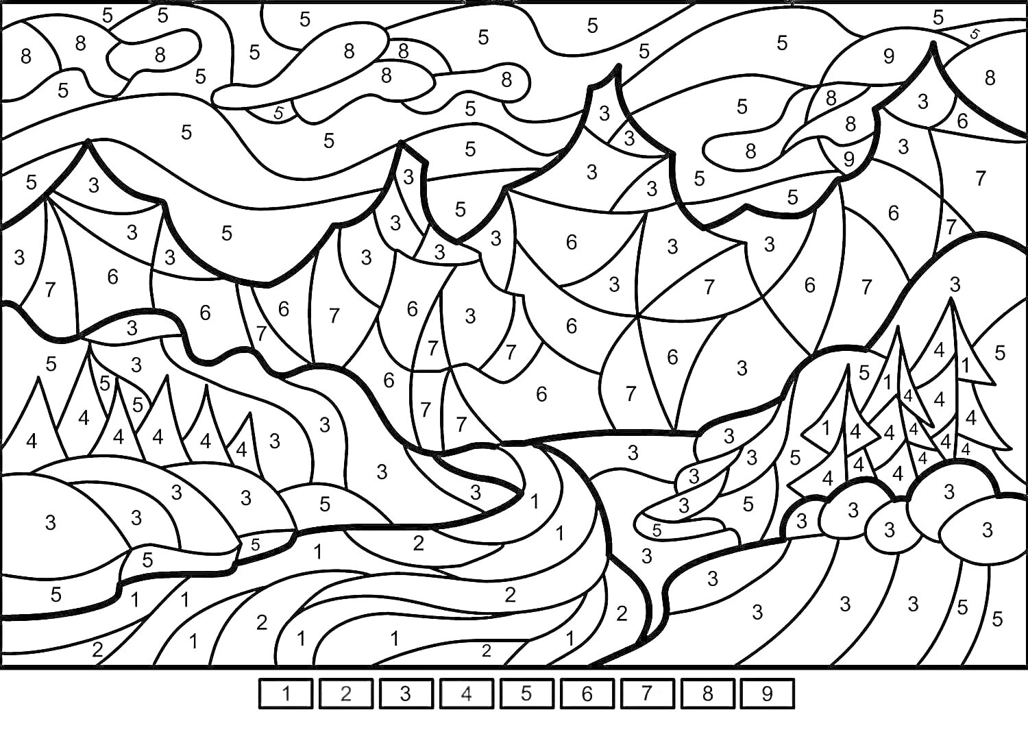 На раскраске изображено: По номерам, Горы, Деревья, Река, Облака, Пейзаж, Природа, Своими руками