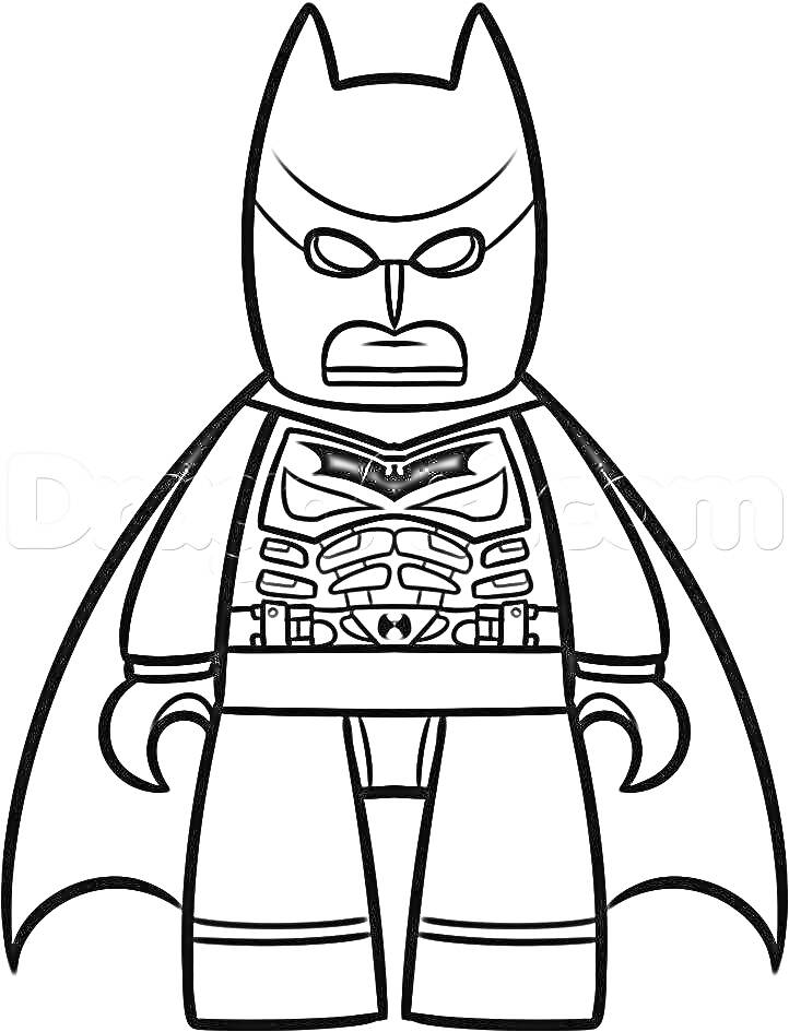 Раскраска LEGO фигурка Бэтмена - маска с ушками, плащ, костюм с напечатанными мышцами