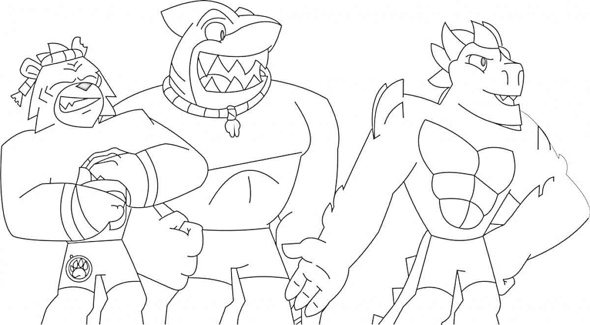 Три персонажа Гуджитсу - медведь, акула и динозавр