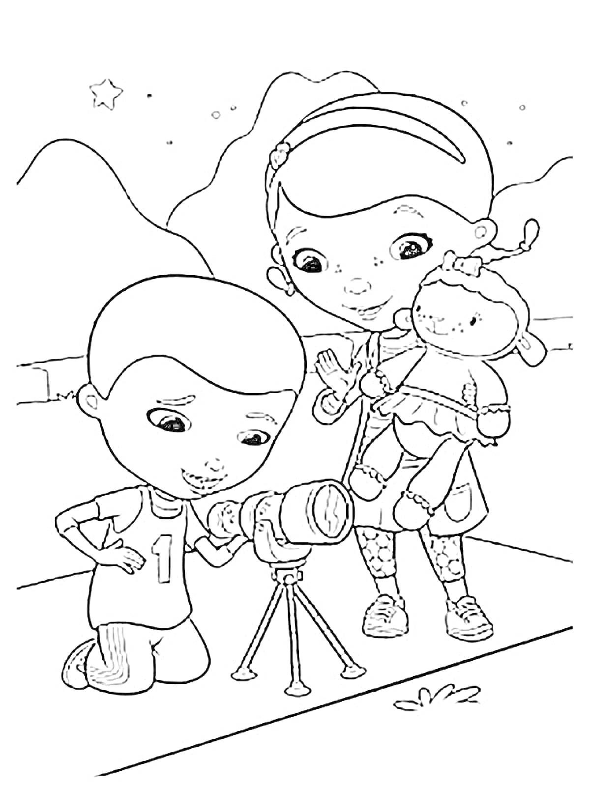 Раскраска Мальчик смотрит в телескоп, девочка с куклой наблюдает