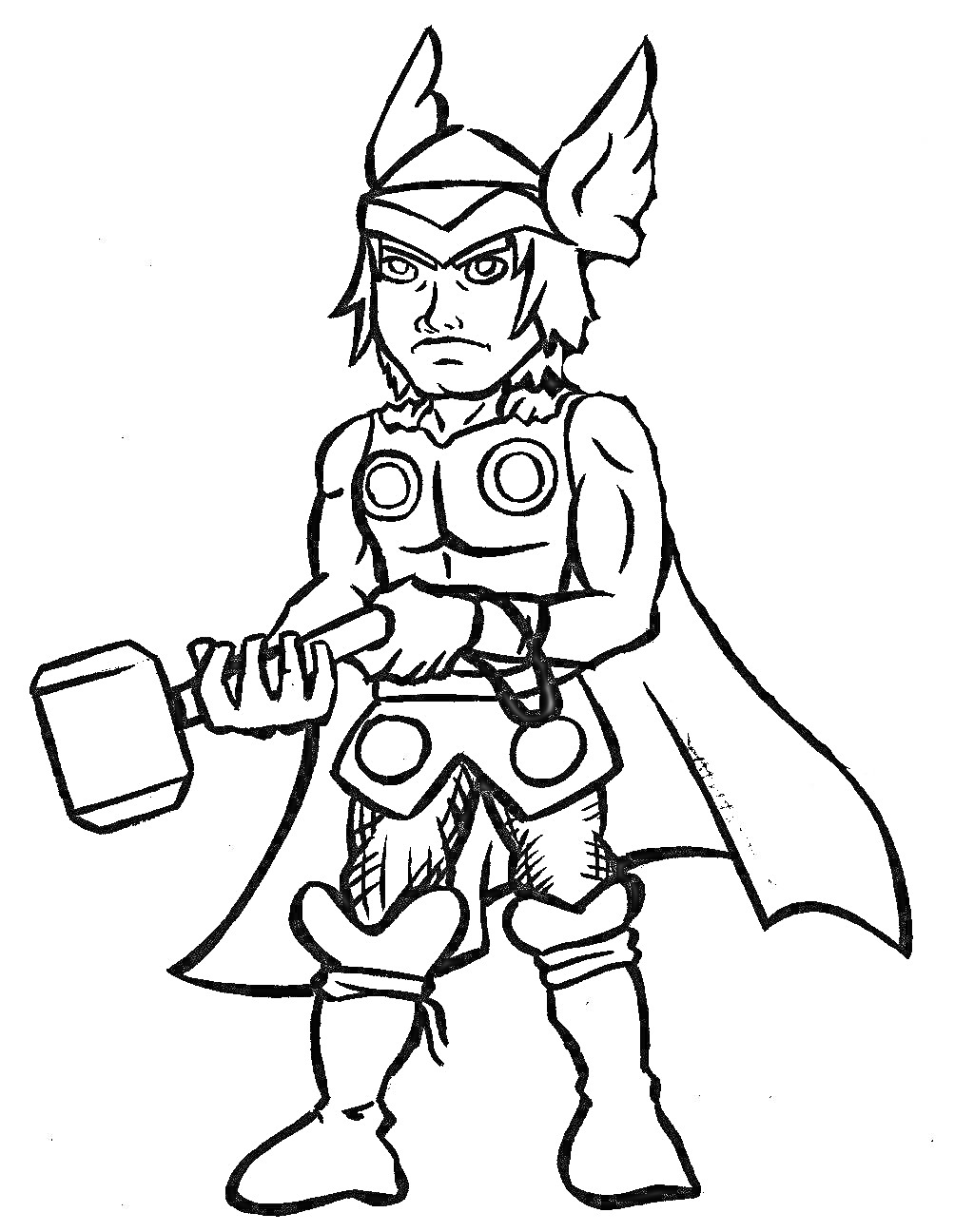 Раскраска Тор с молотом, одетый в шлем с крыльями и плащ, с мускулистым торсом