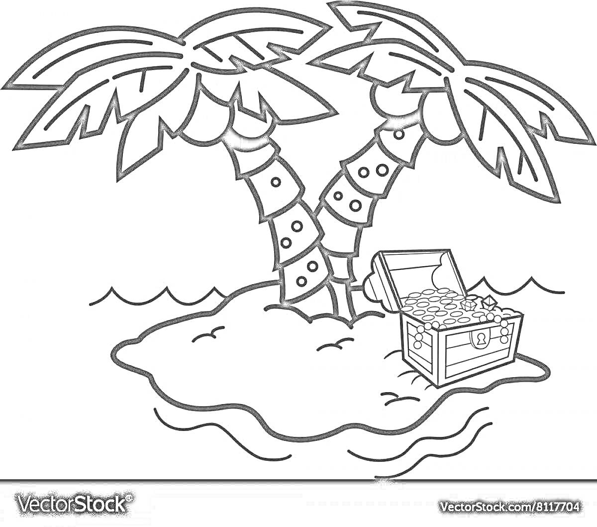 На раскраске изображено: Остров, Пальмы, Сокровища, Море, Пляж, Для детей, Сундуки