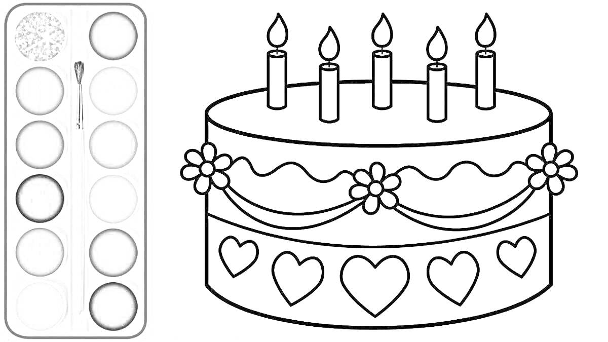 Раскраска Торт с пятью свечами, сердечками и цветами для раскраски