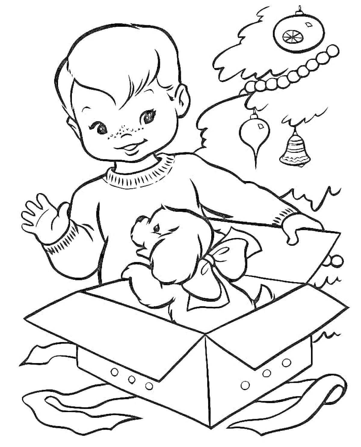 На раскраске изображено: Ребёнок, Мальчик, Коробка, Новогодняя ёлка, Украшения, Игрушки, Мечта, Подарки, Праздники, Собака