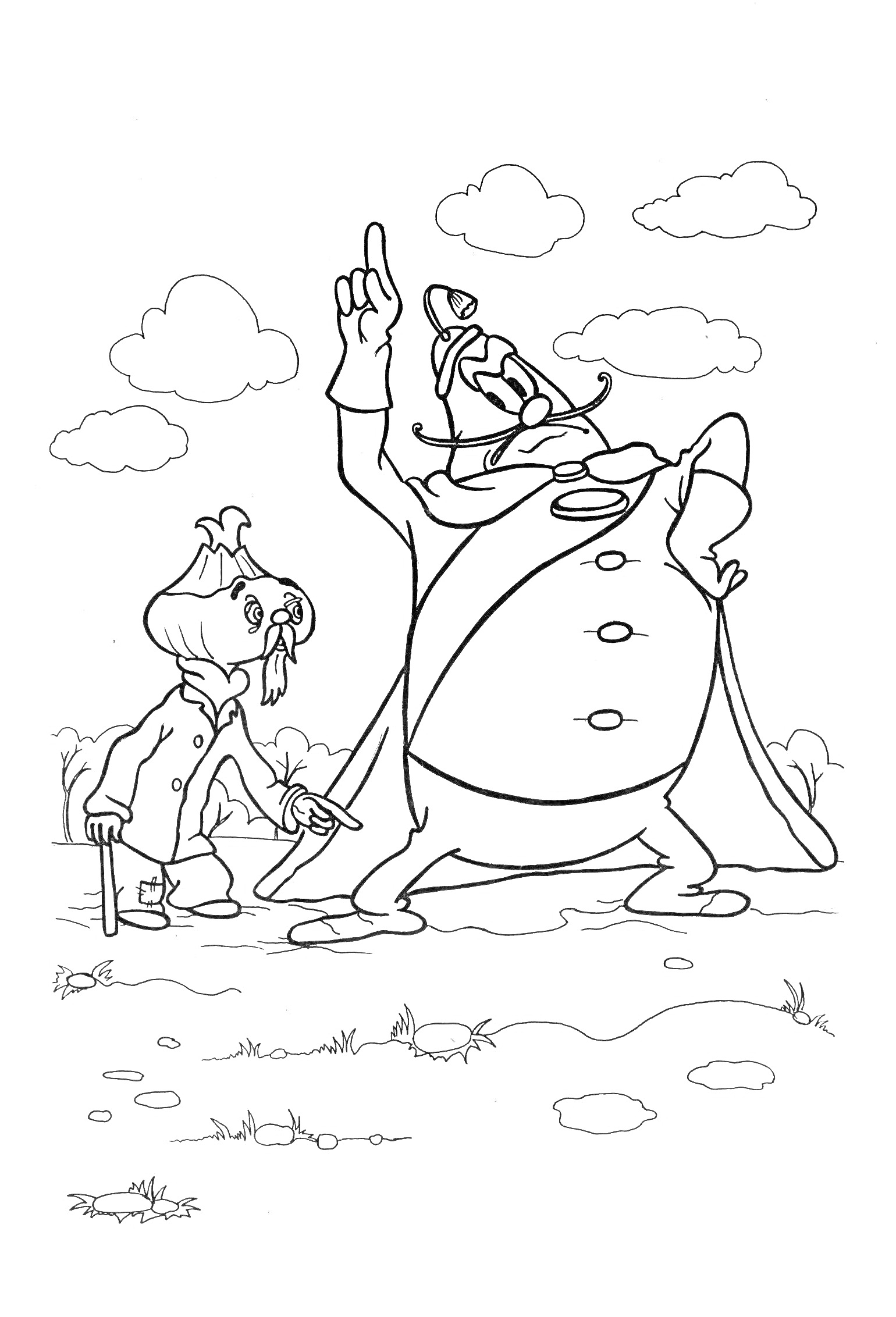 Раскраска Чиполлино и синьор Помидор на улице с облаками