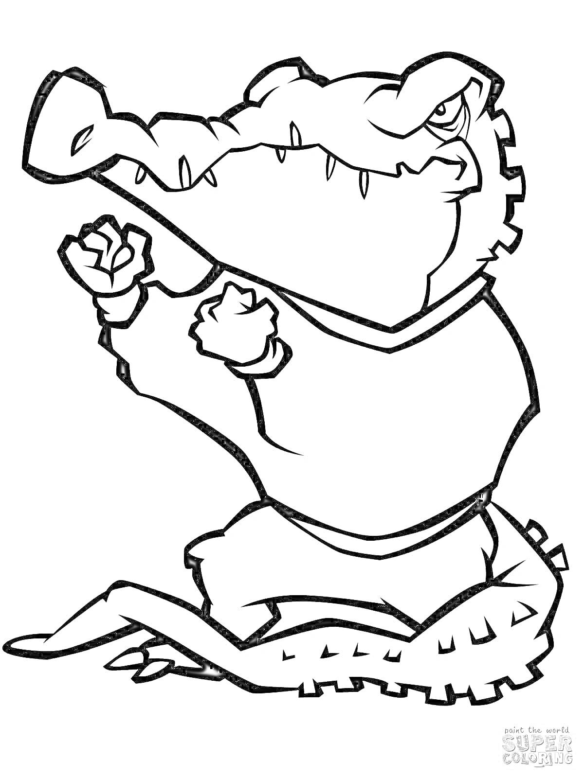 Раскраска Аллигатор Монти в спортивной майке, стоящий на коленях с поднятыми руками в кулаках