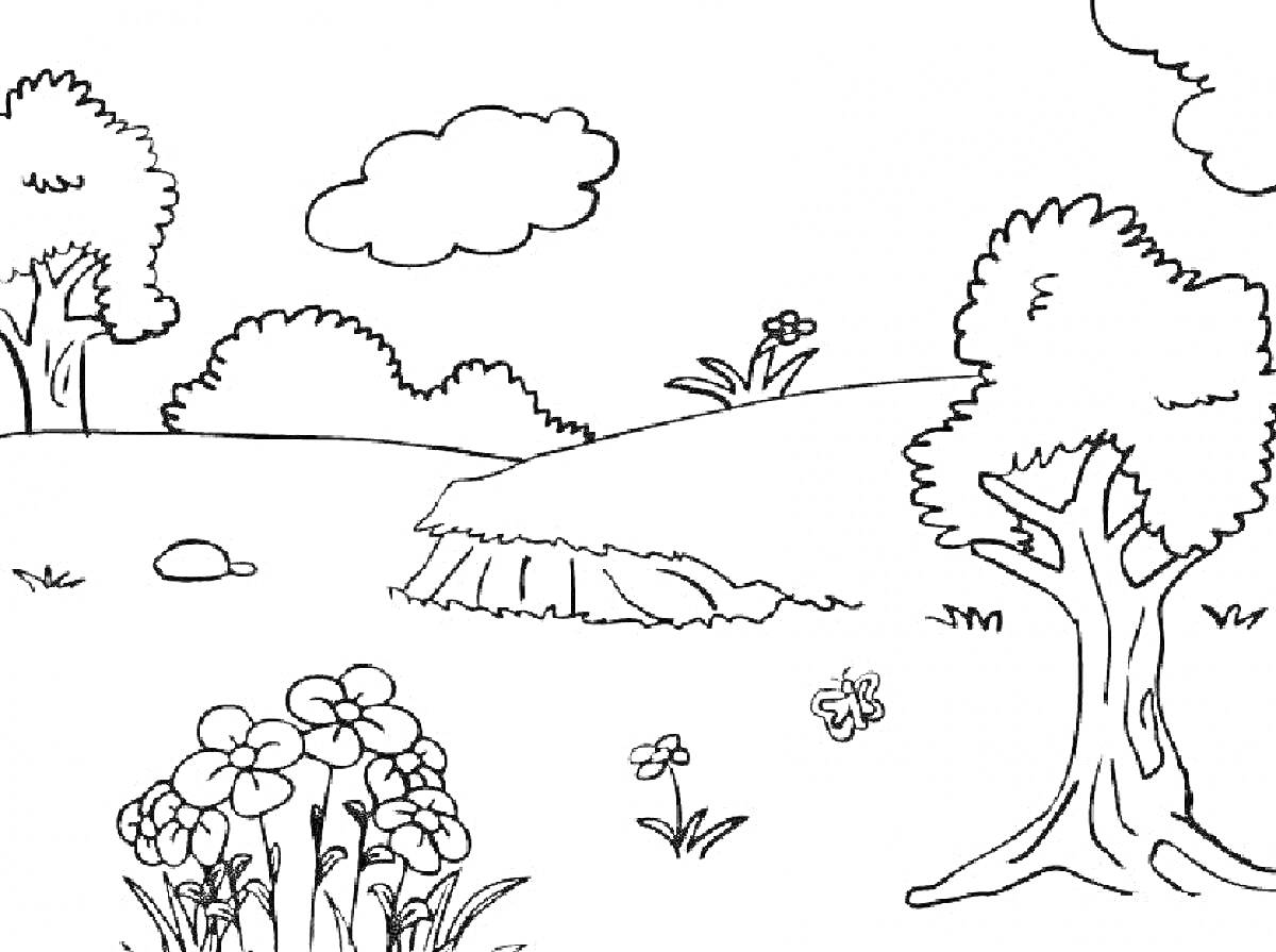 Раскраска Лесная поляна с цветами, деревьями и облаками